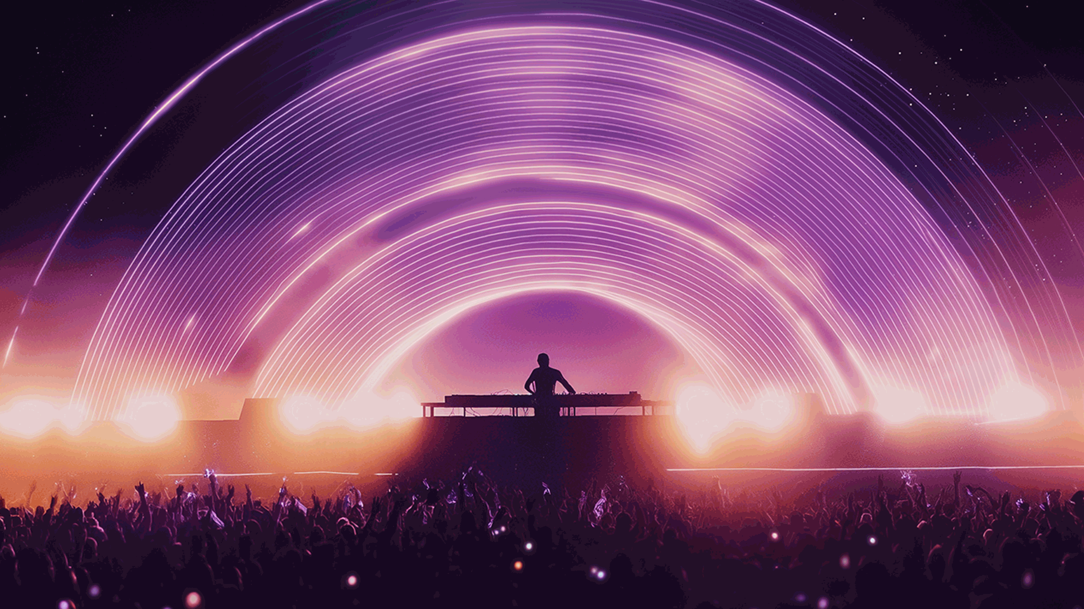 DJ performing with cosmic light effects and crowd