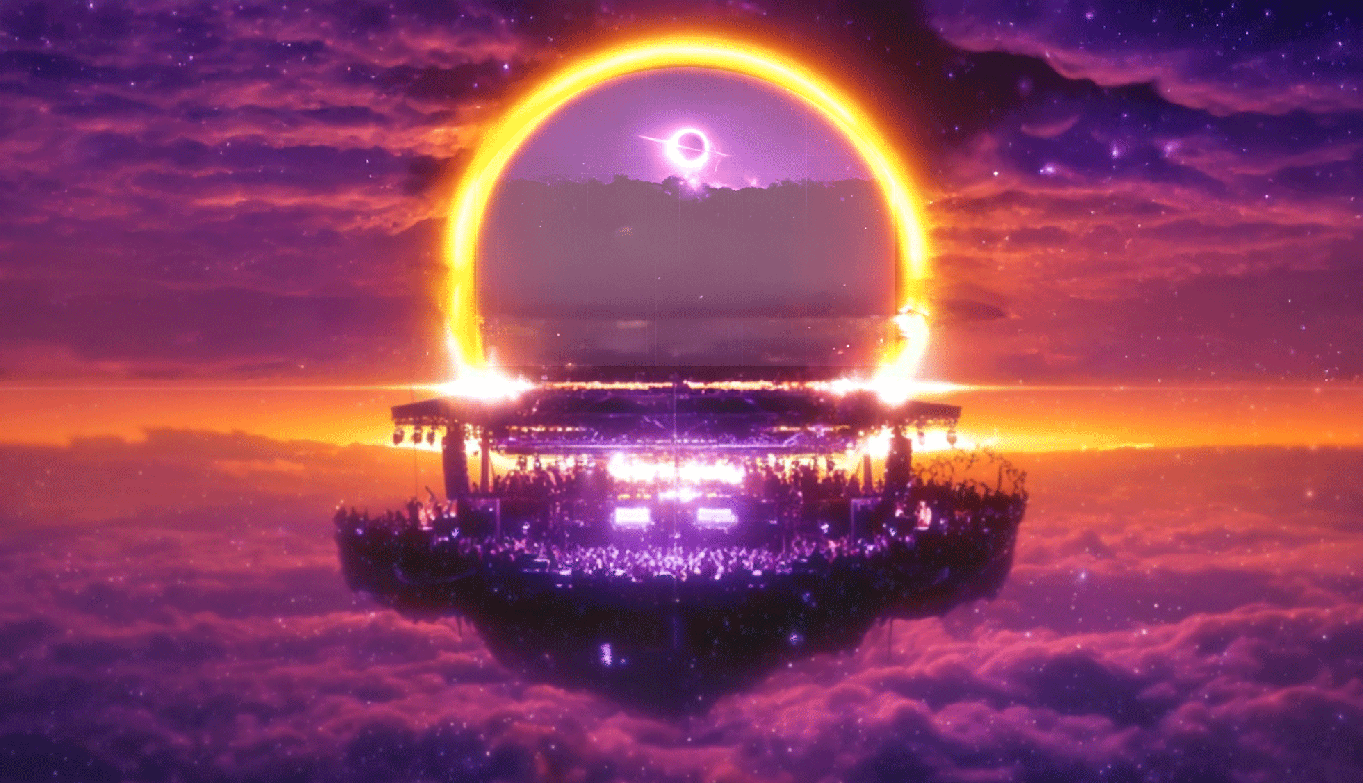 Floating festival platform in space with eclipse and cosmic atmosphere